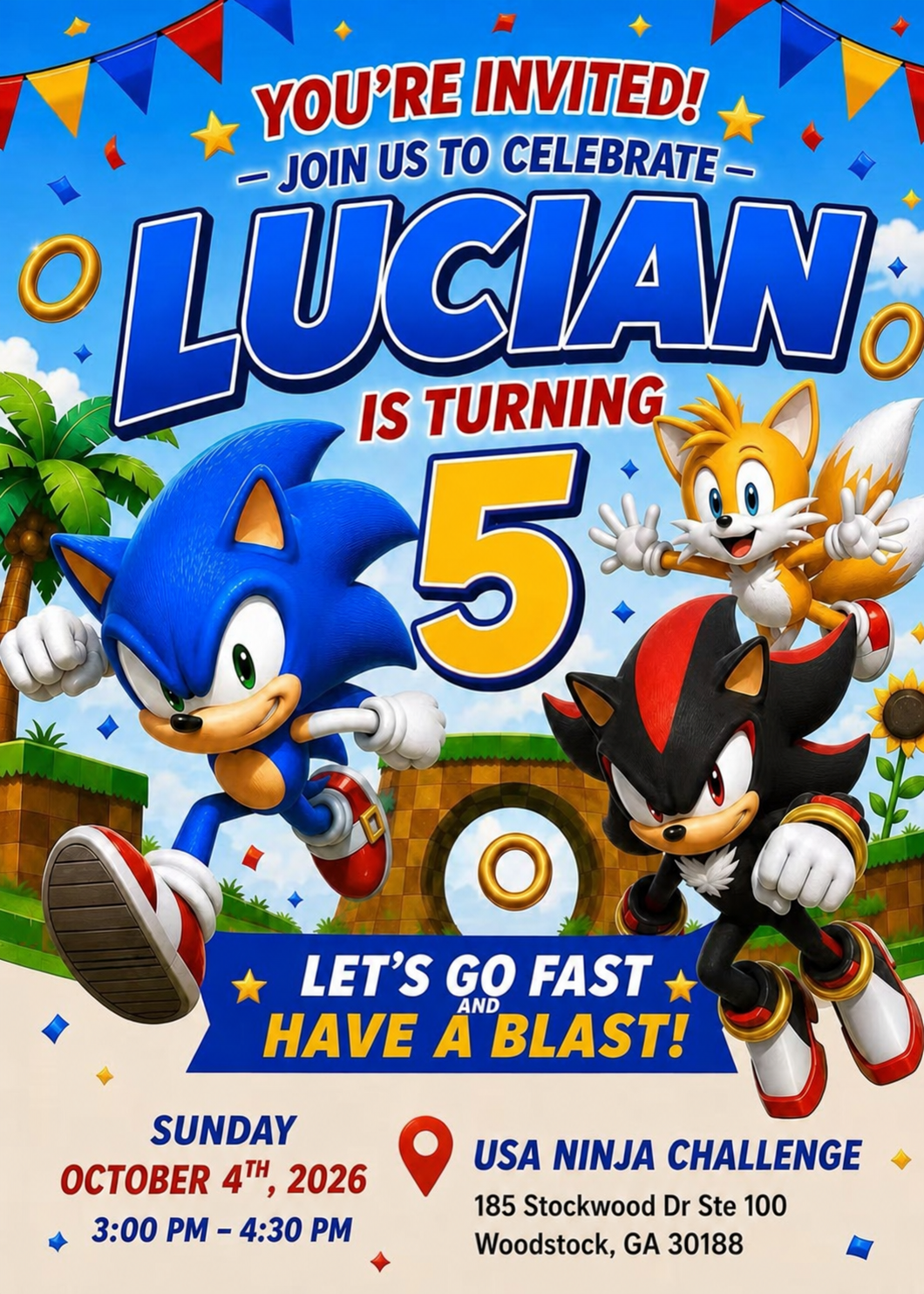 Sonic-themed invitation artwork for Lucian’s fifth birthday on Sunday, October 4, 2026